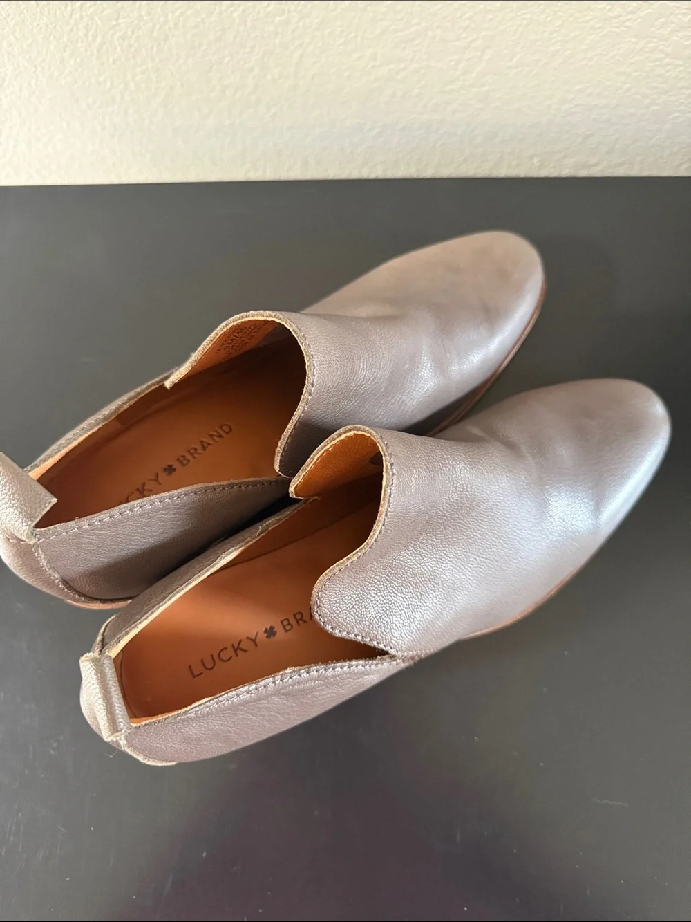 Lucky Brand Victorey Taupe Leather Ankle Booties with Stacked Heel